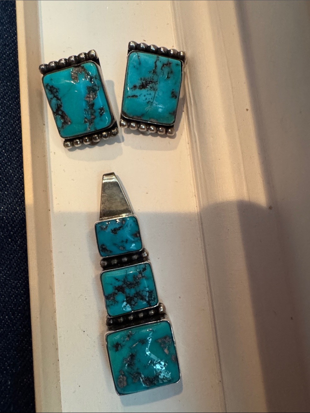 Turquoise Stone Silver Pendant and Earring Set - Blue Turquoise